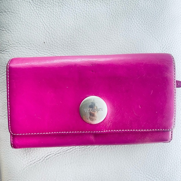 VISCONTI LEATHER MAIVE FUSCHIA PURPLE BIFOLD ZIPPED WALLET - Picture 1 of 16